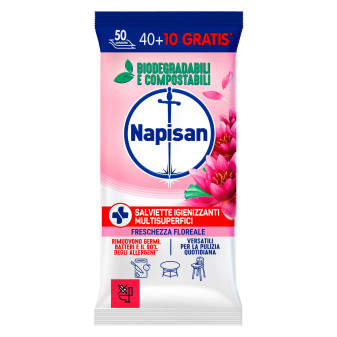 Napisan Salviette Igienizzanti Multisuperifici Biodegradabili e Compostabili Fragranza Freschezza Floreale - 50 Salviette